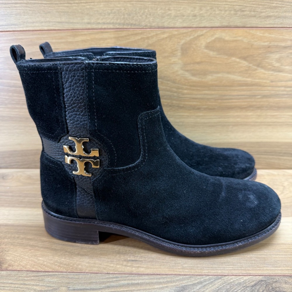 Tory Burch Black Suede Ankle Booties with Gold Logo Emblem